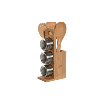Support ustensiles cuisine bambou inox 6 pièces sur un plan de travail

